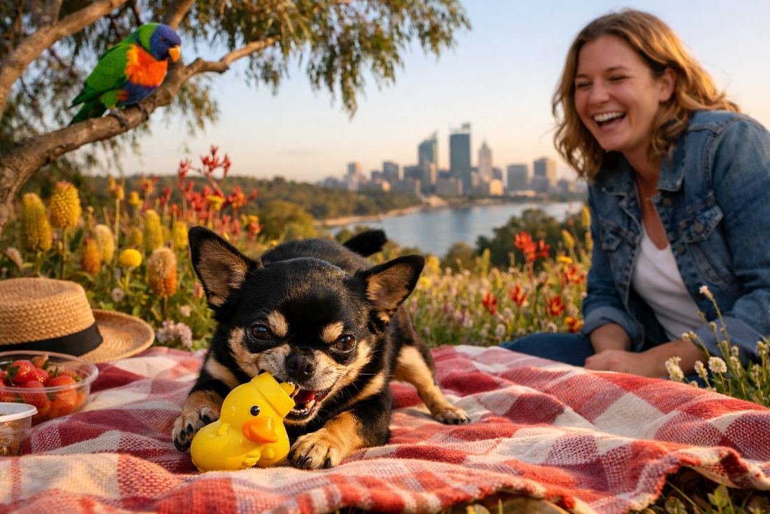 Chihuahua-black-tan-playing-with-toy-at-Kings-Park-Perth-wildflowers Chihuahua Black Tan Playing With Toy At Kings Park Perth Wildflowers