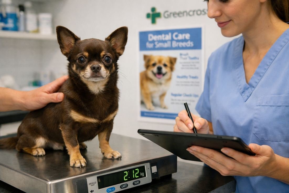 Chihuahua-chocolate-coat-being-weighed-during-vet-health-checkup Chihuahua Chocolate Coat Being Weighed During Vet Health Checkup