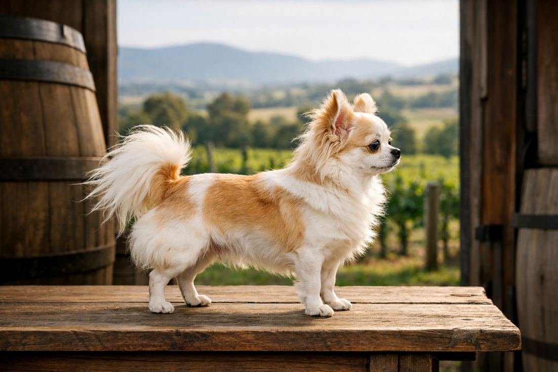 Chihuahua-long-coat-cream-side-profile-at-Yarra-Valley-winery Chihuahua Long Coat Cream Side Profile At Yarra Valley Winery