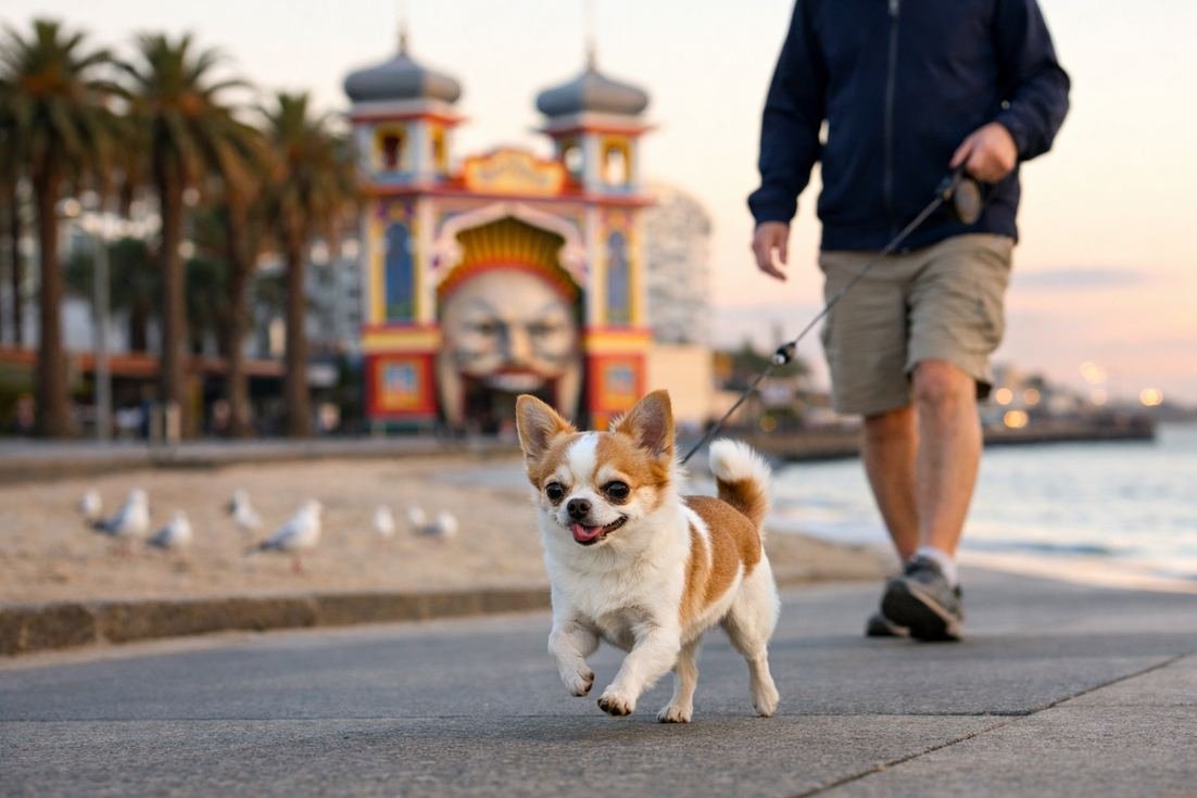 Chihuahua-white-fawn-walking-St-Kilda-foreshore-Melbourne-sunrise Chihuahua White Fawn Walking St Kilda Foreshore Melbourne Sunrise