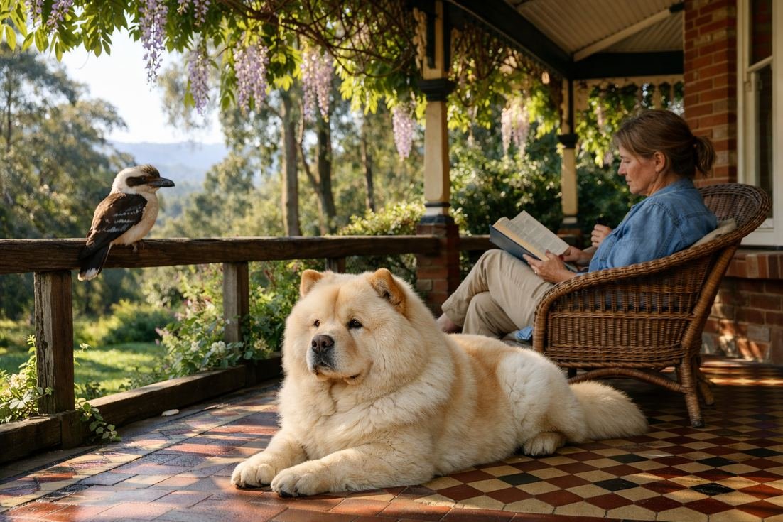 Chow Chow Cream Coat Resting Watchfully On Blue Mountains Verandah