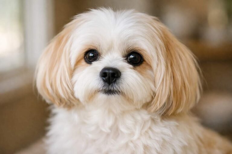 Adult Maltese Shih Tzu Dog Portrait Showing Silky White And Apricot Coat And Gentle Expression