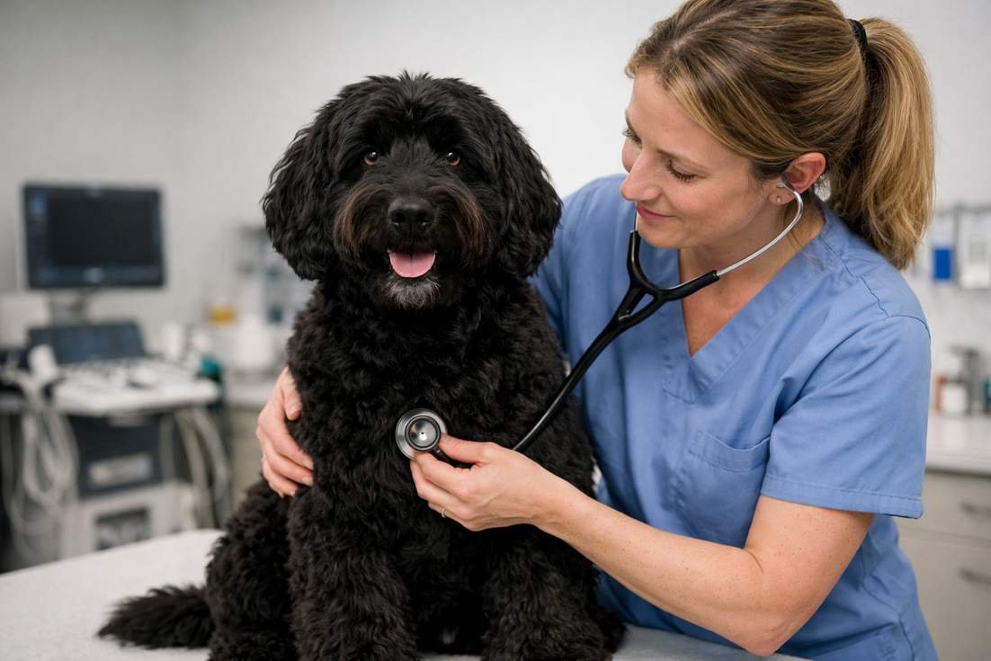 Australian Cobberdog Black Coat During Calm Veterinary Health Examination