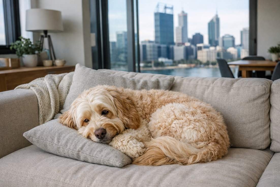 Australian Cobberdog Cafe Coat Relaxed In Modern Apartment Setting