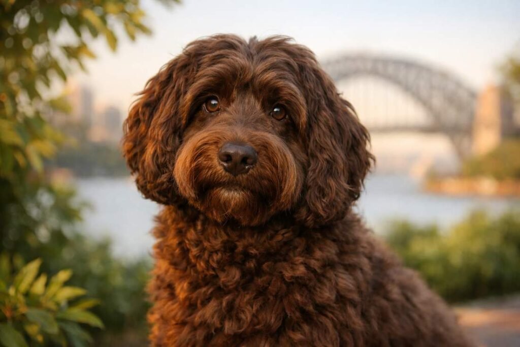Australian Cobberdog Chocolate Coat Portrait With Sydney Harbour Backdrop