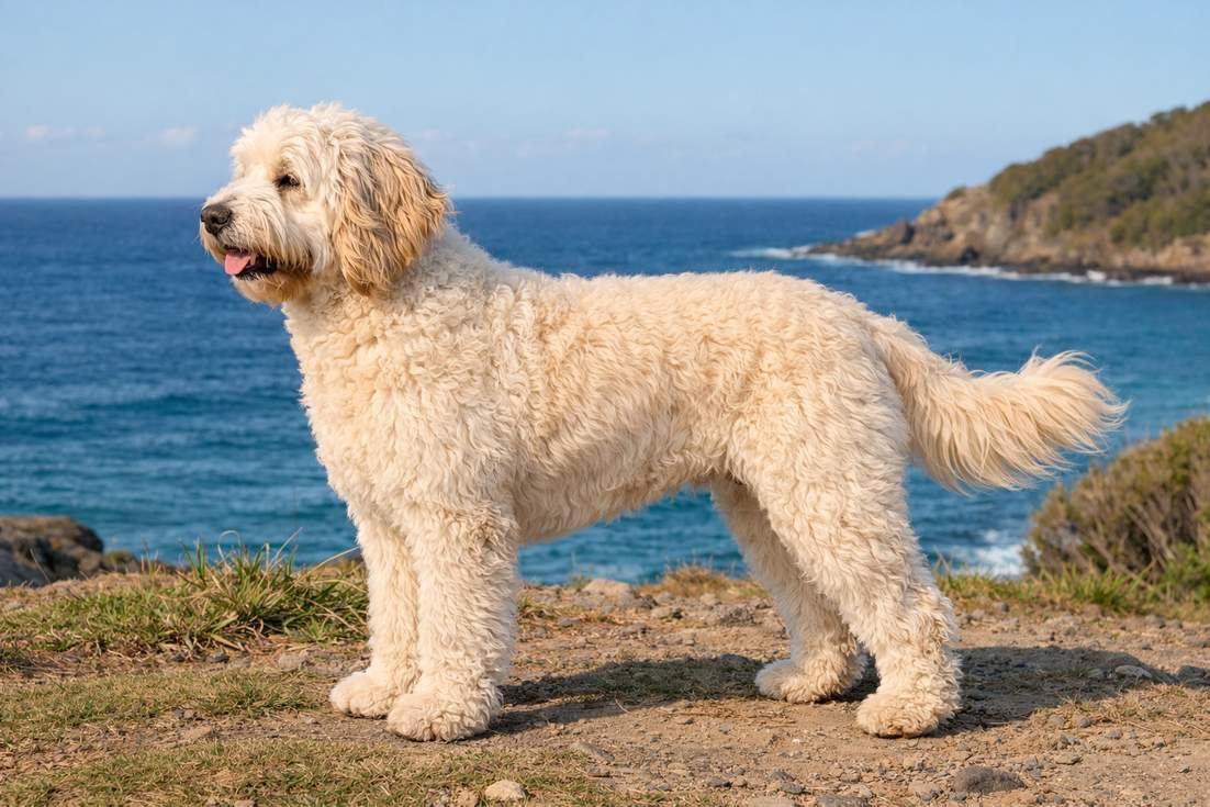 Australian Cobberdog Cream Coat Side Profile Showing Breed Structure