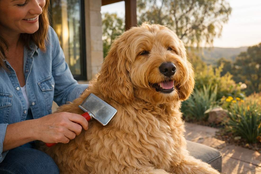 Australian Cobberdog Gold Coat Being Brushed During Home Grooming Session
