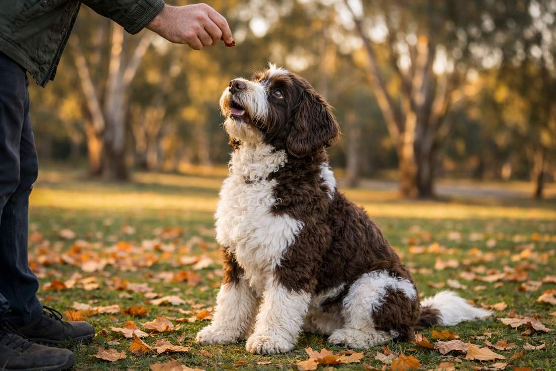 Australian Cobberdog Parti Coat In Attentive Training Sit Position