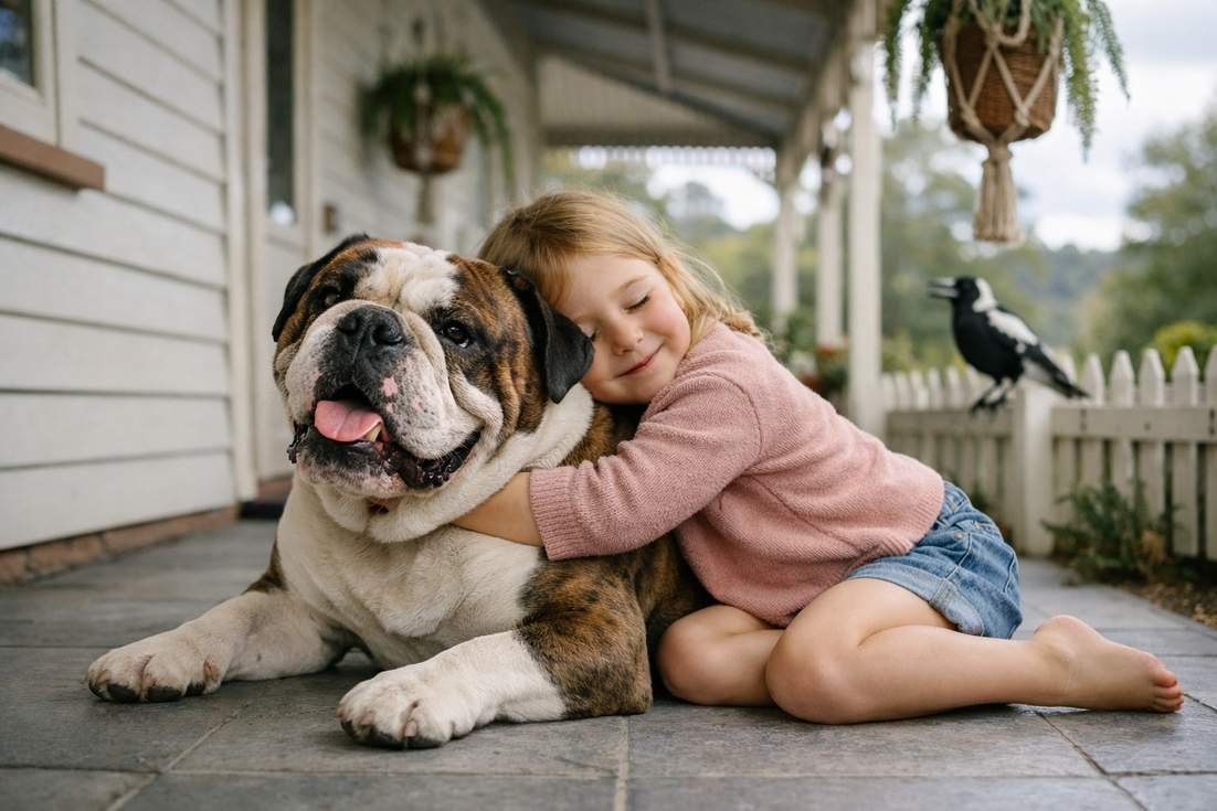 Bulldog Brindle White With Child On Daylesford Cottage Verandah