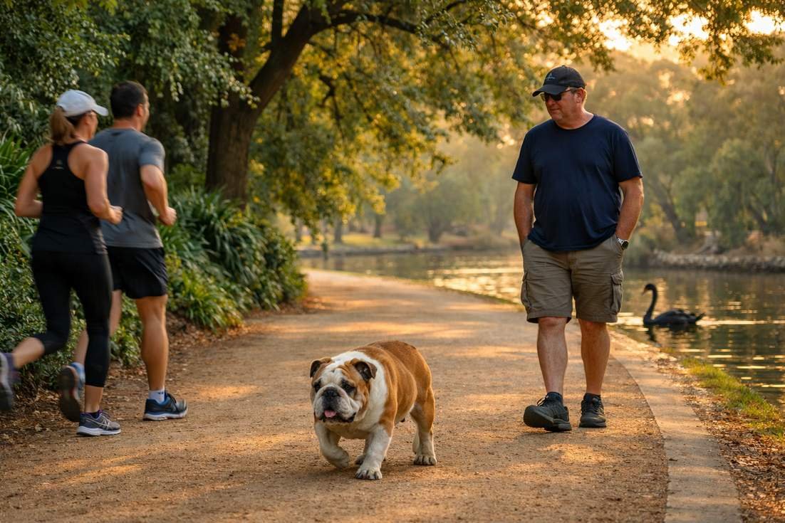 Bulldog Fawn White Gentle Morning Walk Along Melbourne Tan Track