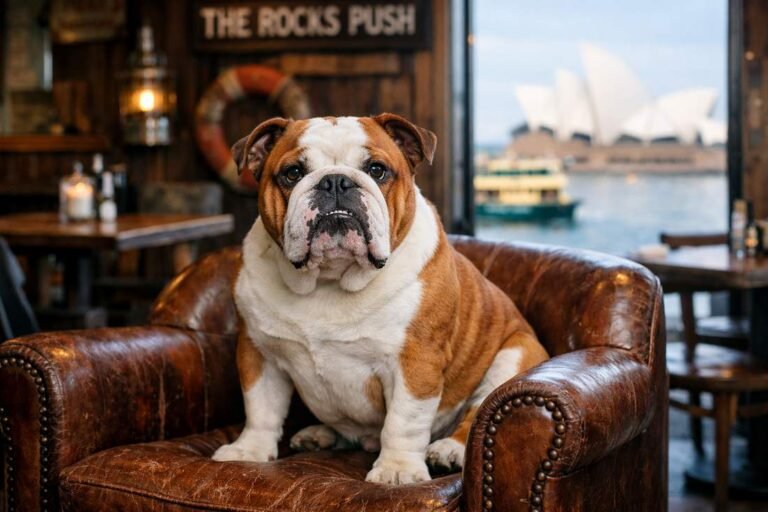Bulldog Red White Coat Portrait At Circular Quay Sydney Harbour Cafy