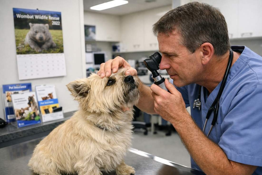 Cairn Terrier Cream Coat During Vet Eye Examination Checkup