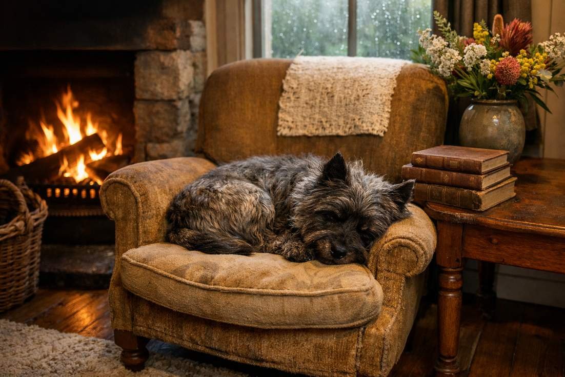 Cairn Terrier Grey Brindle Relaxed In Cosy Daylesford Cottage Victoria