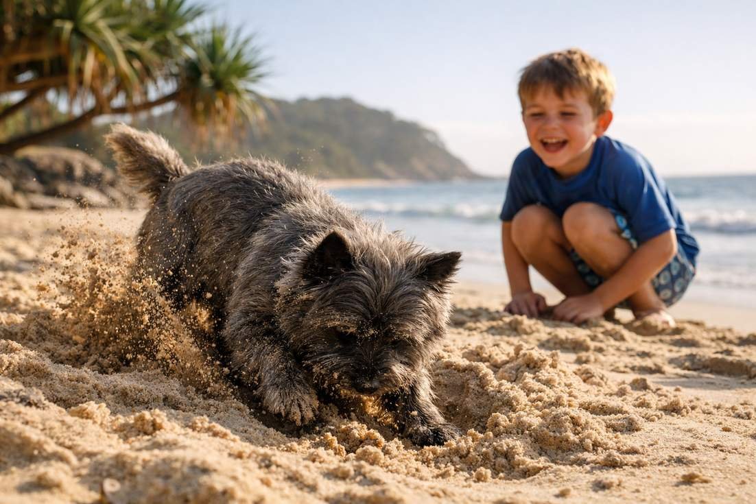 Cairn Terrier Grey Coat Digging At Noosa Beach With Excited Child