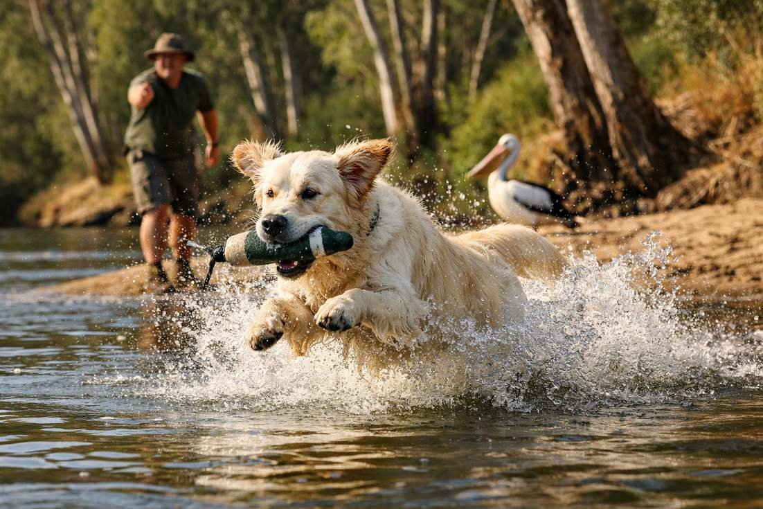 Golden Retriever Cream Coat Leaping Into Murrumbidgee River Retrieving