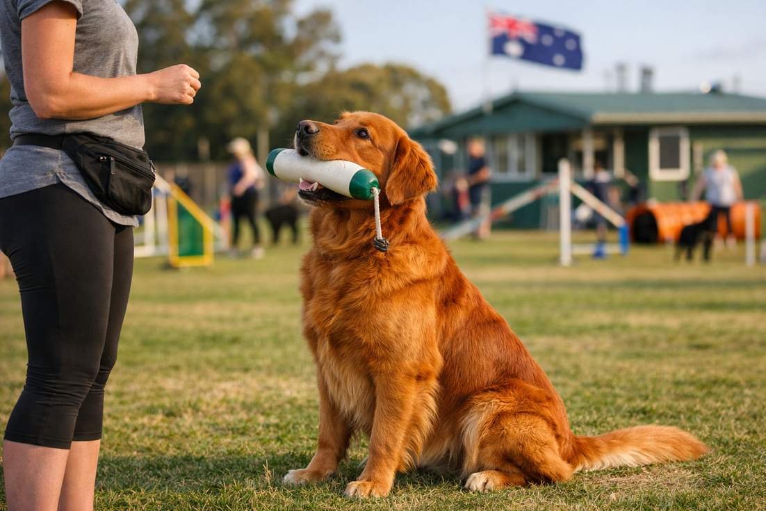 Golden Retriever Dark Golden Holding Dummy In Training Sit Newcastle