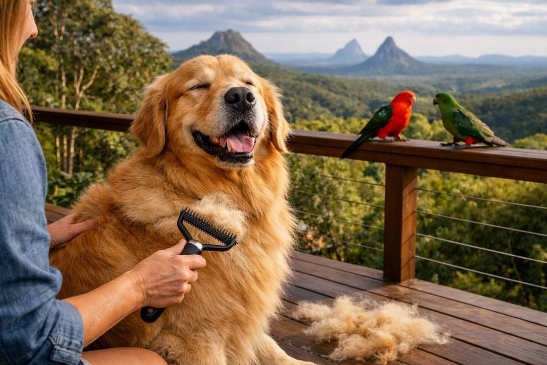 Golden Retriever Golden Coat Brushing Session Glass House Mountains Backdrop