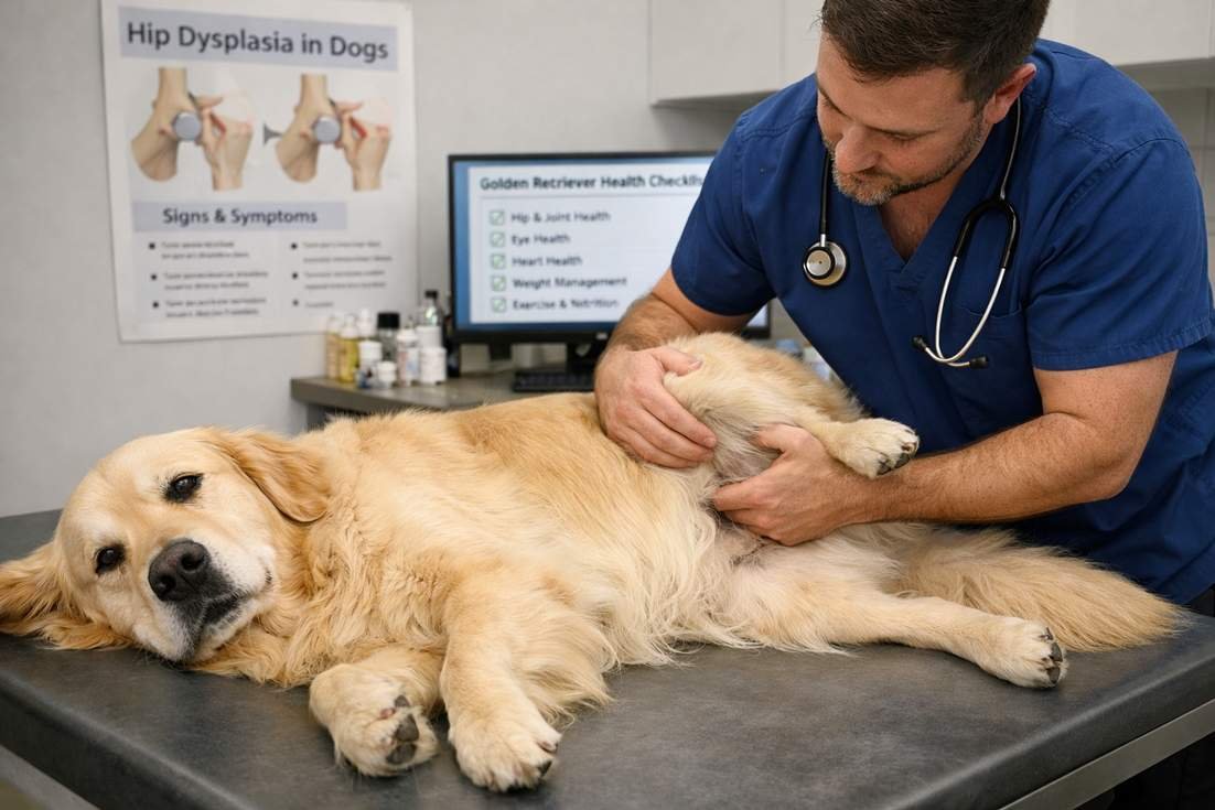 Golden Retriever Light Golden During Vet Hip Joint Health Examination