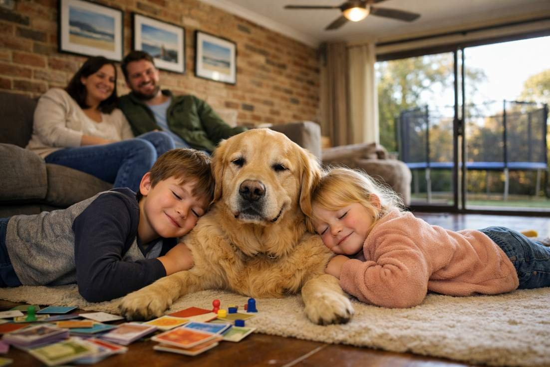 Golden Retriever Light Golden With Family In Australian Living Room