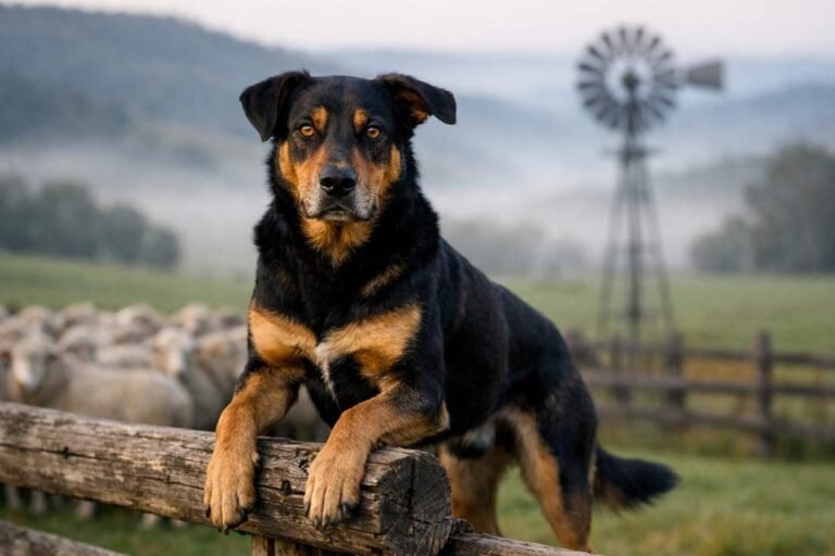 Huntaway Black Tan Coat Portrait At New England Tablelands Sheep Station
