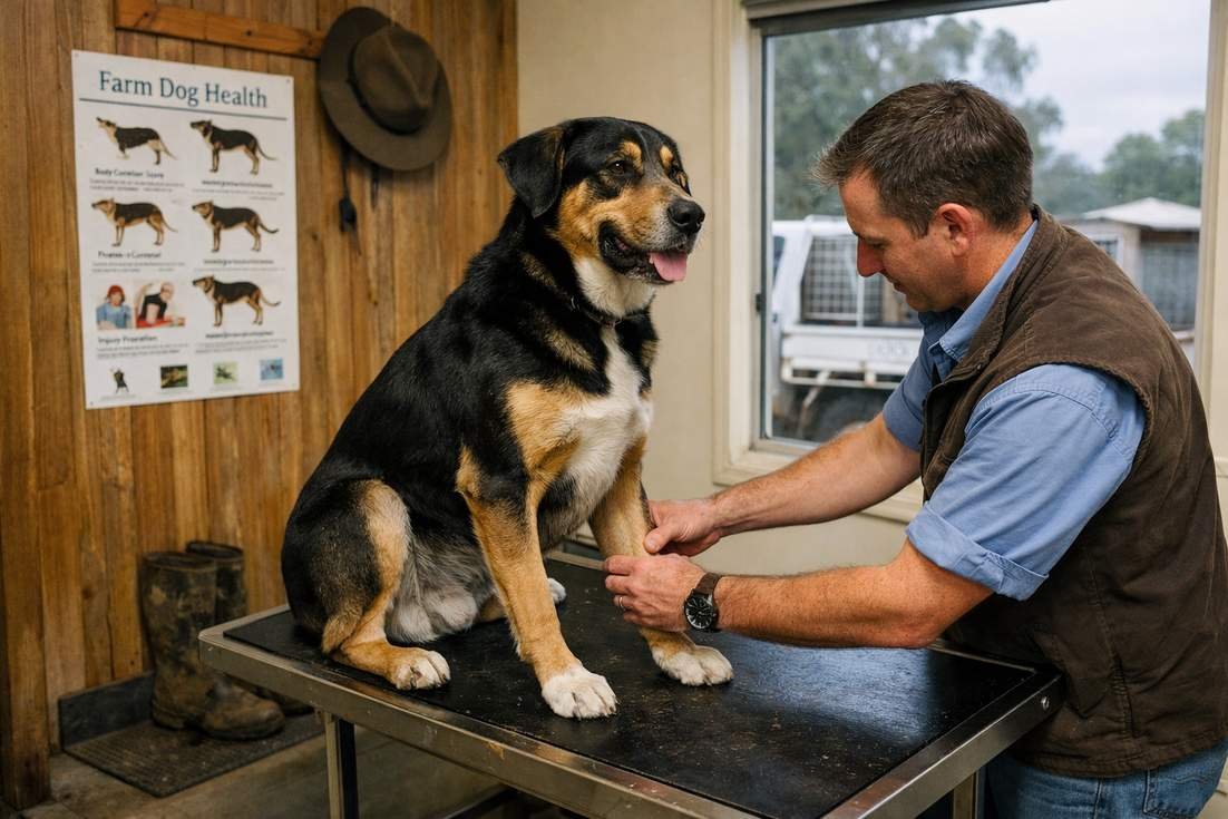 Huntaway Tricolour Coat During Rural Vet Joint Health Examination