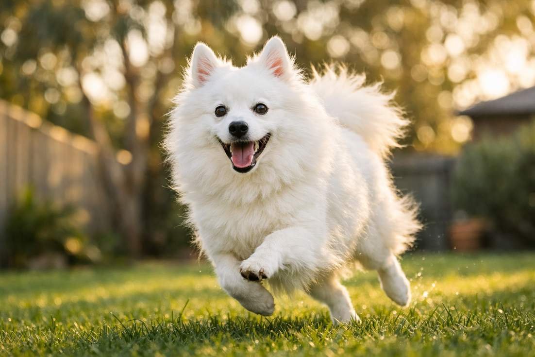Japanese Spitz Displaying Playful Temperament During Outdoor Play In Backyard