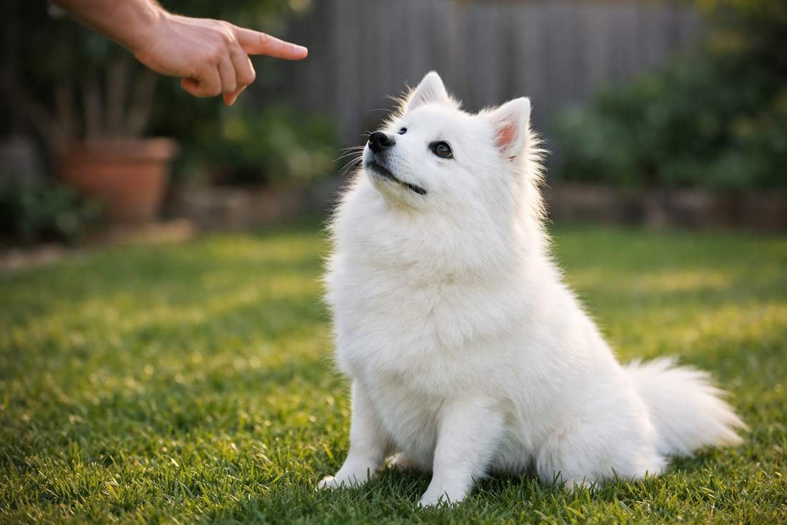 Japanese Spitz In Training Session Demonstrating Obedience And Attentiveness