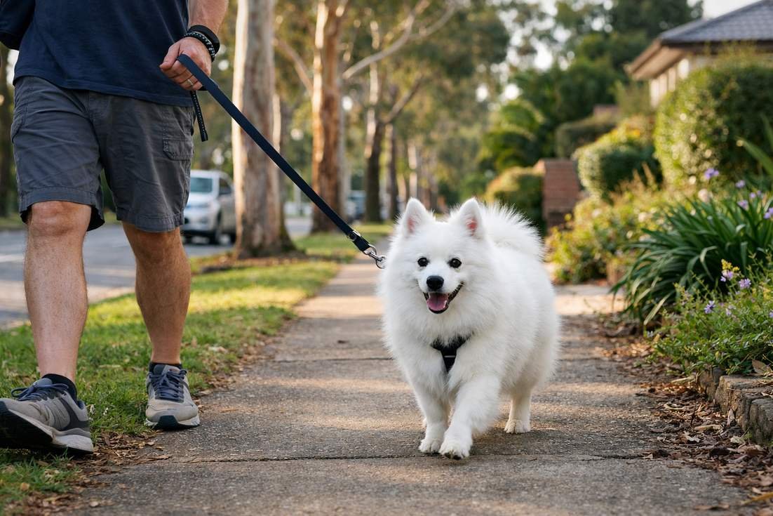 Japanese Spitz On Daily Walk Showing Moderate Exercise Needs