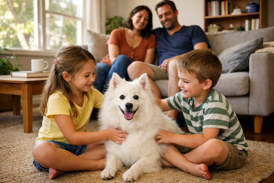 Japanese Spitz Relaxing With Family In Home Environment Showing Family Friendly Nature