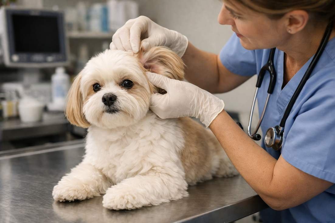 Maltese Shih Tzu Being Examined By Veterinarian