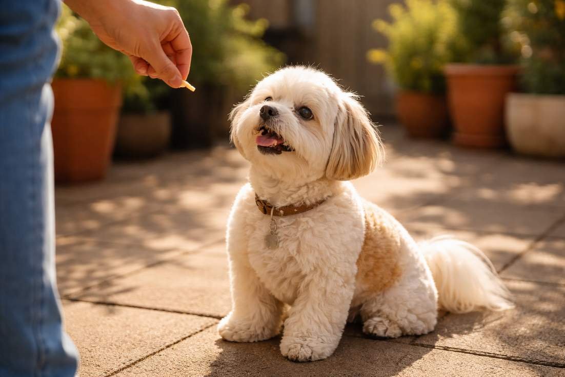 Maltese Shih Tzu In Training Session Demonstrating Treat Reward Obedience