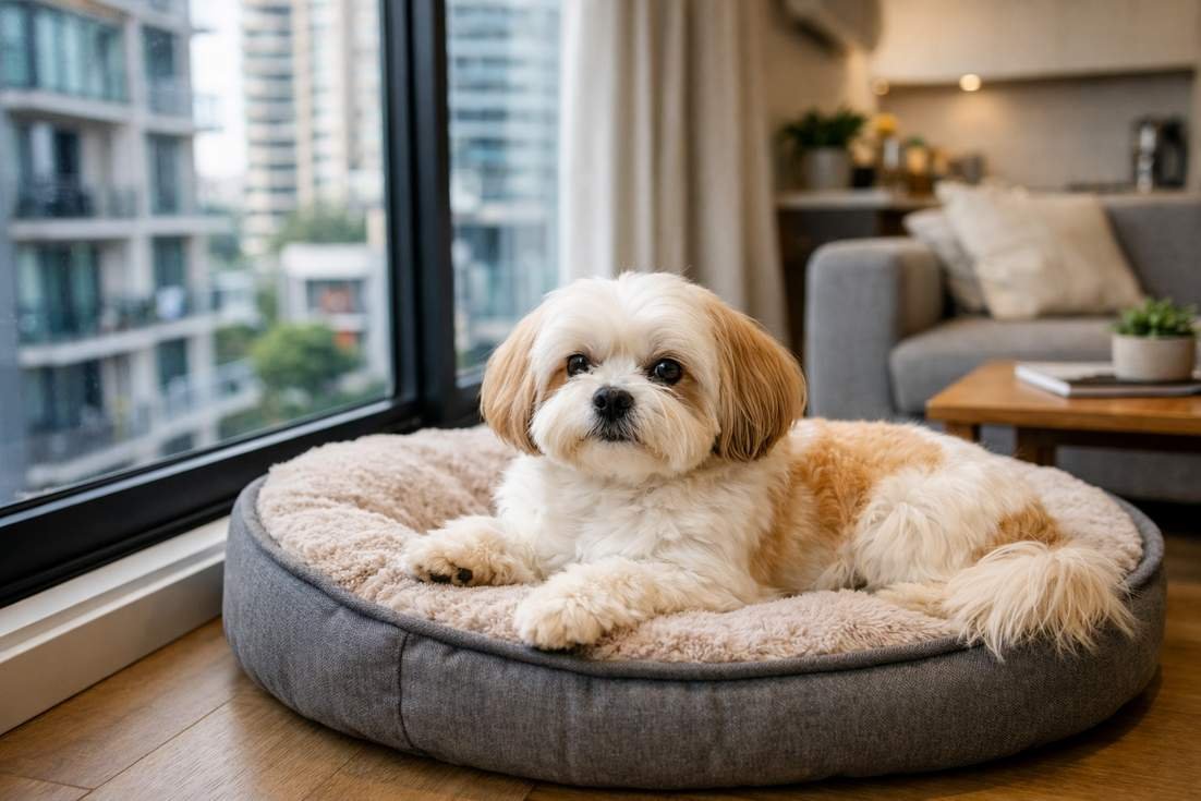 Maltese Shih Tzu Relaxed In Apartment Showing Suitability For Unit Living