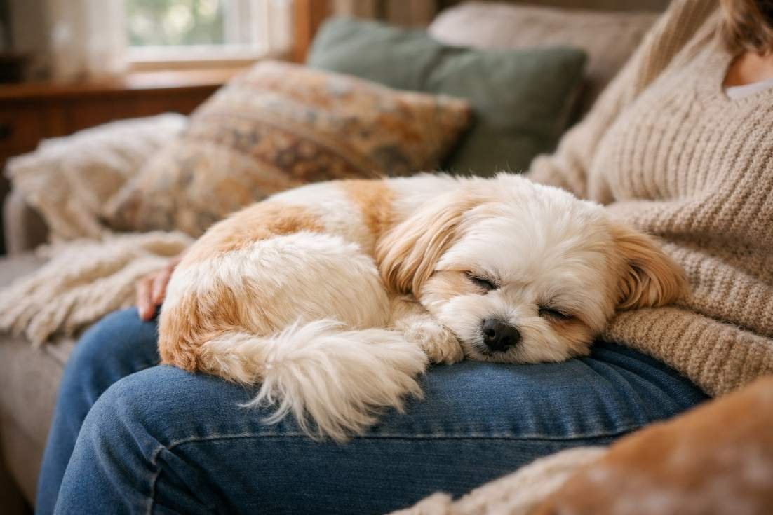 Maltese Shih Tzu Showing Affectionate Nature Curled Up With Owner