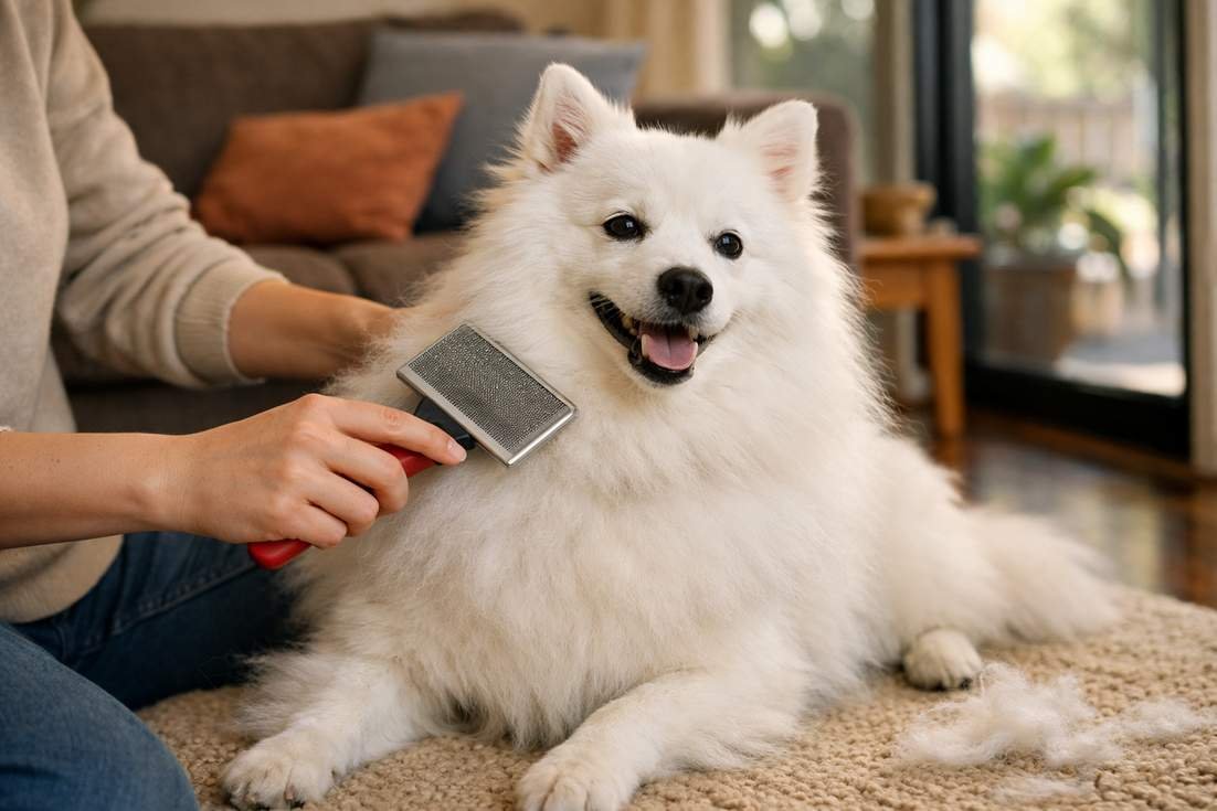 Owner Brushing Japanese Spitz White Fluffy Coat During Regular Grooming Session
