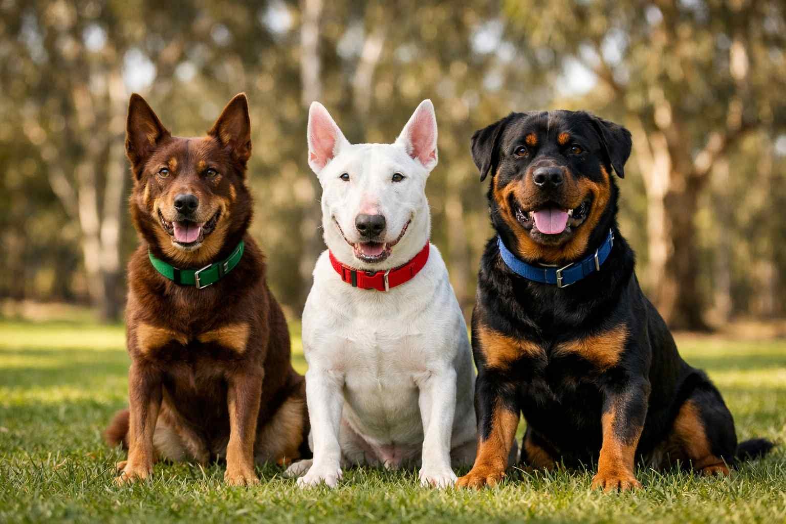 Three different dog breeds sitting side by side 